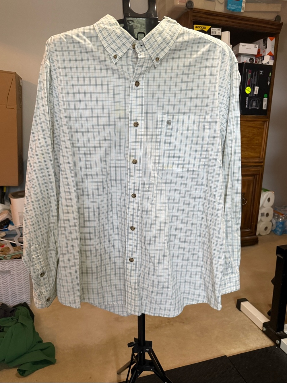Carhartt Button-Down Shirt with Blue and Gold Plaid, Size XL